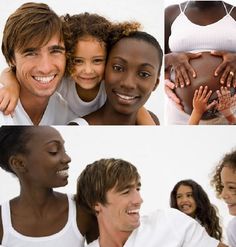 four different pictures of people smiling and hugging each other