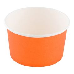 an orange and white bowl is shown on a white background with the bottom half empty