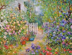 a painting of a garden with flowers and a white picket fence