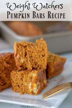 pumpkin bars stacked on top of each other with the words, weight watchers pumpkin bars recipe