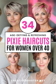 Click for More ➡️ | Save for Later ❤️  Discover the ultimate collection of pixie hairstyles for women over 40! From chic and classic to bold and edgy, our guide features 36 stunning pixie cuts that will inspire you. Whether you're looking for a fresh new look or a subtle update, you'll find the perfect style and color to suit your taste. Embrace your beauty with confidence and style!  #PixieHaircuts #WomenOver40 #HairTrends2024 #ShortHairStyles #ChicHaircuts #HairInspiration #PixieCuts #BeautyOver40 #HairTransformation #FashionableHair Over 40 Short Hair, Pixie Hair Color Ideas For Brunettes, Womens Super Short Hairstyles, Medium Pixie Hairstyles, Short Hair That Makes You Look Younger, Short Pixie Layered Haircuts, Pixie Styles For Older Women, 40 Year Old Short Hairstyles, Pixie Hairstyles For Women In 40s