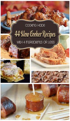 four different pictures with the words 4 slow cooker recipes on them and images of desserts