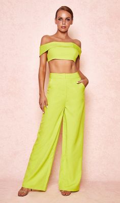 NEON GREEN WIDE LEG TROUSERS Bandeau Tops, Plus Size Shopping, Pantalon Large, Wide Legs, Bandeau Top, Ruched Dress, Corset Dress, Trendy Tops, Co Ord