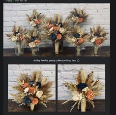 three different pictures of flowers in vases on a wooden table with brick wall behind them