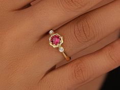 Dainty Gold Filled Ring, Red Ruby Engagement Ring, July Birthstone Gold Ruby Ring, Birth Stone Ring, Three Stone Self Love Ring, Simple Promise Ring Our design rings are a unique design product that will come to life on your finger that will add value to your special days for wedding rings, engagement rings and anniversary, Mothers Day Gift, Valentines Day Gift, Christmas gifts.  This Dainty Three Stone Ring, which can make you happy, can be a Stylish July Birthstone Ring, that can be combined w 14k Gold Red Diamond Ring With Bezel Setting, Red Diamond Bezel Setting Jewelry, Red Diamond Jewelry With Bezel Setting, Red Ruby Diamond Ring With Bezel Setting, Red Promise Ring With Bezel Setting, Red Bezel Set Round Cut Ring, Elegant Red Diamond Ring With Bezel Setting, Red Diamond Ring With Bezel Setting For Gift, Red Diamond Ring With Bezel Setting As Gift