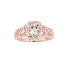 Featuring a dazzling, cushion-shaped morganite center stone set in a halo of shimmering white zircon accents, this fashionable ring lends pink panache to your wardrobe. Featuring a dazzling, cushion-shaped morganite center stone set in a halo of shimmering white zircon accents, this fashionable ring lends pink panache to your wardrobe.Click on this JEWELRY & WATCHES GUIDE to learn about fit, styles, materials and more! Nickel free Metal: sterling silver Packaging: boxed Plating: 14k rose gold Wi Morganite Radiant Cut Jewelry For Anniversary, Cushion Cut Morganite Jewelry With Center Stone, Elegant Morganite Ring With Gemstone Accents, Rose Gold Cushion Cut Ring With Accent Stones, Pink Cushion Cut Morganite Jewelry, Morganite Rings With Gemstone Accents, Fine Jewelry, Cushion Halo Ring, Silver Packaging, Cushion Halo