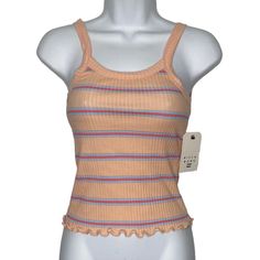 Billabong The Baby Tank Top Striped Peach, Pink & Blue Stretchy, Ribbed Size Small 19” Long 12” Pit To Pit Laying Flat Stretchy Nwt Md Pink Ribbed Top For Summer, Pink Ribbed Tank Top For Summer, Baby Tank Tops, Y2k Tank, Baby Tank, Womens Lace Tops, Yellow Tank Top, Billabong Women, Scoop Neck Tank Top