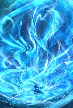 an image of a person in the water surrounded by blue swirls and bubbles on a black background