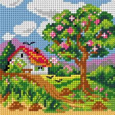 a cross stitch pattern with a house and trees in the foreground, on a sunny day