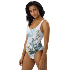 Delicate Bouquet One-piece Swimsuit - Etsy White Floral Print One-piece Swimsuit, White Floral Print One-piece For The Pool, White Floral Print One Piece Swimsuit, Tropical White Bodysuit For The Pool, Tropical White Bodysuit For Pool, Tropical White Sleeveless Bodysuit, Tropical White Bodysuit For Spring, White One-piece Tropical Bodysuit, White Tropical One-piece Bodysuit