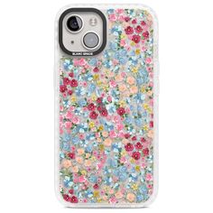 an iphone case with colorful flowers on the front and back cover in blue, pink, yellow