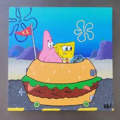 a painting of spongebob riding a giant hamburger