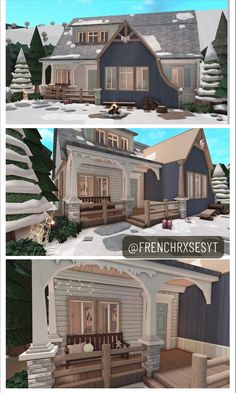 three different views of the front and back of a house with snow on the ground