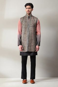 Black, multicolor bundi with foil print and bead, zardozi embroidery. Paired with full sleeve ombre kurta and pant. - Aza Fashions Festive Embellished Nehru Jacket For Eid, Traditional Embellished Nehru Jacket For Festive Season, Traditional Embellished Festive Nehru Jacket, Festive Multicolor Nehru Jacket For Designer Wear, Festive Multicolor Nehru Jacket With Intricate Embroidery, Bollywood Style Festive Nehru Jacket With Multicolor Embroidery, Festive Bollywood Nehru Jacket With Multicolor Embroidery, Designer Multicolor Nehru Jacket With Zari Work, Festive Nehru Jacket With Mirror Work