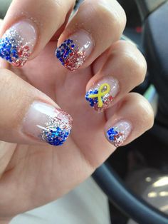 red white and blue with a yellow ribbon <3 Fun Manicure, American Nails, Army Strong, Nails Blue, Army Wife, Yellow Ribbon, Blue Pin, Toe Nail Art, Nail Paint