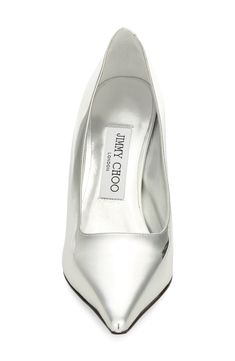 Mirror-finish leather brings high-wattage shine to this pointy-toe pump lifted on the label's sculptural drop heel. 3 3/4" (95mm) heel (size 38.5) Leather upper and lining/leather and rubber sole Made in Italy Designer Shoes Silver Pumps, Women's Pumps, Modest Fashion, Jimmy Choo, Designer Shoes, Rubber Sole, Leather Upper, In Italy, Nordstrom