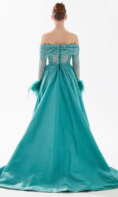 Evening Gown With Overskirt, Luxury Evening Gown With Voluminous Skirt, One Shoulder Pre-draped Evening Dress With Sweep Train, One-shoulder Pre-draped Gown With Sweep Train, Blue Evening Dress With Voluminous Skirt, Straight Across Neckline, Tarik Ediz, Full Length Dress, Tie Styles