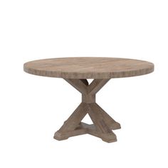 a round wooden table with an x design on the top and base, made out of wood