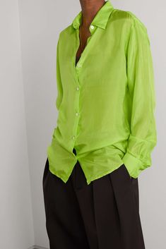 Green Neon, Satin Shirt, Street Outfit, Mean It, Tailored Pants, Green Silk, Dries Van Noten, Split Hem, Bright Green