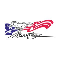 an american flag and a horse with the word mustang written in red, white, and blue