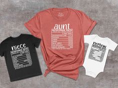 Aunt Niece Nephew Nutritional Facts Shirts, Funny Matching Aunt And Me Outfit, New Aunt Baby Clothes, Auntie Nutrition Fact Tshirt,Aunt Bday 👉How Do I Order👈 1️⃣ Please review all the information provided before placing an order 2️⃣ Select the shirt size using the drop down menu. 3️⃣ Select the color of the shirt using the following drop down menu. * * Different styles of shirts may have different shades of same color choice due to different manufacturer brands. * * For this reason, we recommend you to match shirts from the same styles if you want precisely matching colors (ex. Unisex, V-necks, Toddler, etc.). 4️⃣ Need more Items? Add the current item in the cart. And If you like to add more items to your order please press the back button and repeat steps 1-3 again. 5️⃣ Once all your de Aunt T Shirts Ideas, Aunt And Baby Matching Shirts, Aunt And Niece Shirts, Aunt And Nephew, Aunt Baby Clothes, Nephew Shirts, Aunt Baby, Baby Aunt, Baby Shower Shirts