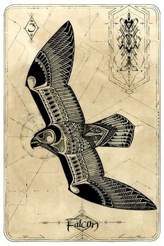 a drawing of an eagle flying in the sky with geometric designs on it's wings