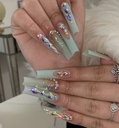 Green Acrylic Nails With Rhinestones, Bling Spring Nails, Nail Designs Bling, Aqua Nails, Green Acrylic Nails, Acrylic Ideas, Super Cute Nails, Girly Acrylic Nails