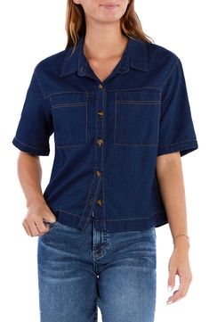 Made from supersoft denim, this casual button-up shirt features a boxy fit and contrast stitching to highlight the dark-indigo wash. Front button closure Spread collar Short sleeves Chest patch pockets 65% cotton, 35% lyocell Machine wash, tumble dry Imported Short Sleeve Denim, Dark Indigo, Short Sleeve Button Up, Contrast Stitch, Denim Button Up, Button Up Shirts, Top Brands, Button Up, Lab