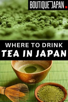 green tea in a wooden bowl next to a whisk on a bamboo mat