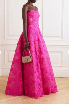 Oscar de la Renta Strapless Lace Gown Size 8 New With Tags Fuchsia | eBay Pink A-line Evening Gown, Luxury Pink Evening Dress For Wedding, Luxury Pink Wedding Evening Dress, Pink A-line Gown For Evening, Pink Luxury Gown For Wedding, Pink Maxi Cocktail Gown, Pink Maxi Length Cocktail Gown, Luxury Pink Evening Gown, Luxury Pink Formal Gown