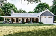 this is an artist's rendering of the front elevation of these ranch house plans