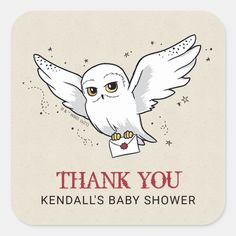 a thank you card with an owl holding a baby's name on it and the words, thank you kendal's baby shower