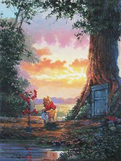 an image of winnie the pooh and tigger in front of a tree at sunset