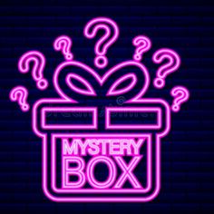 mystery box with question marks neon sign on dark background royalty illustration