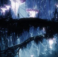 an animated scene with trees and mushrooms in the woods, surrounded by blue hues