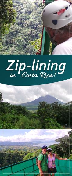 two people standing on top of a bridge with the words zip - lining in costa rica