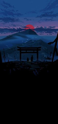 the silhouette of a person sitting on a bench in front of a mountain at night