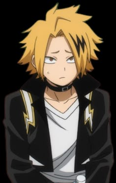 an anime character with blonde hair and black clothes