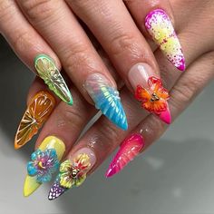 Brazil Nails, Fruity Nails, Tropical Nails, Colored Acrylic Nails, Dope Nail Designs, Acrylic Nails Coffin Pink, Unique Acrylic Nails