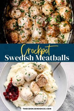 crockpot swedish meatballs with mashed potatoes and cranberry sauce on the side