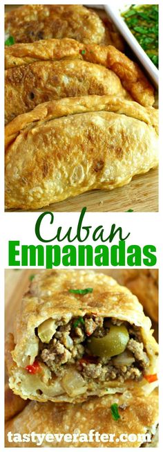 mexican empanadas cut in half and stacked on top of each other with the words cuban empanadas