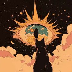 a cat looking up at an eye in the sky