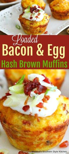 bacon and egg hash browns muffins on a white plate with text overlay