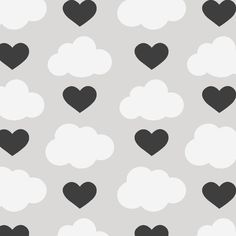 black and white hearts in the clouds on a gray background seamless wallpaper pattern