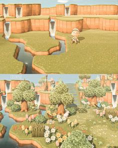 two different views of the same area in animal crossing, one with a boy on it