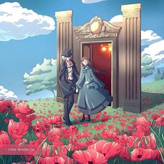 a man and woman standing in front of an open door to a field full of red flowers