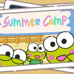 three cartoon characters are standing in front of a sign that says summer camp