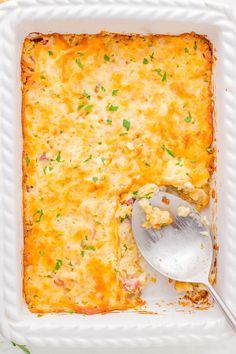 Cheesy Ham and Hashbrown Casserole — 🐷🧀🥔 This EASY casserole is made with just six ingredients and serves a crowd! Frozen hashbrowns are mixed with diced ham and coated in a CHEESY sauce before being baked until golden. A perfect recipe to use up leftover ham from the holidays! The casserole can even be assembled in ADVANCE and baked off later which makes it handy for brunch or busy weeknights.