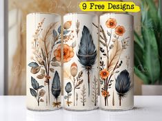 three floral canisters on a table with the text 9 free designs in front of them