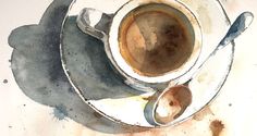 a watercolor painting of a coffee cup with spoons and saucer next to it